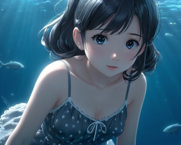 Young girl underwater with flowing dress and fish