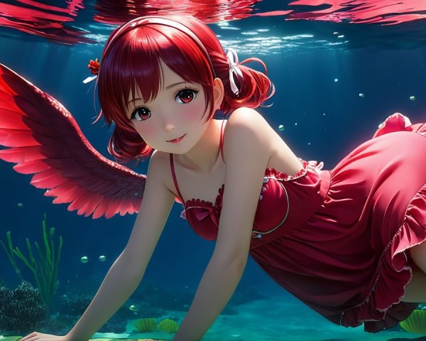 Whimsical Underwater Scene with Girl in Red Dress