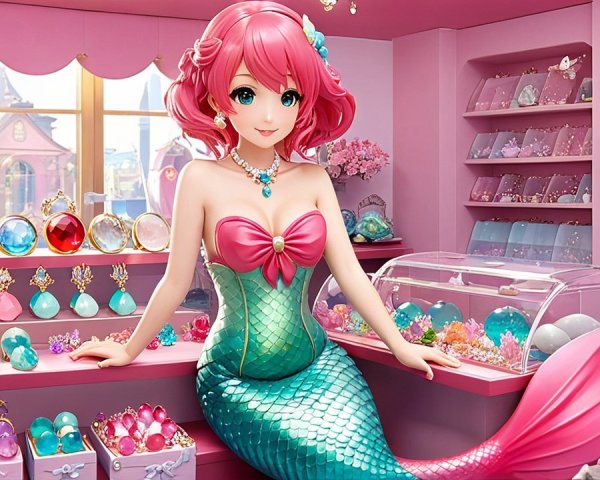 Mermaid in Colorful Jewelry Shop with Gemstones