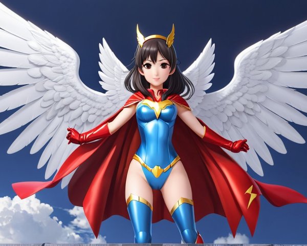 Heroic figure with wings in vibrant blue costume