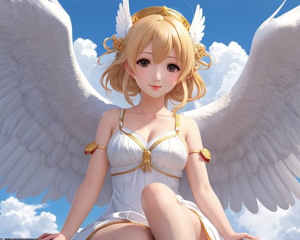 Angelic Figure with White Wings and Elegant Dress