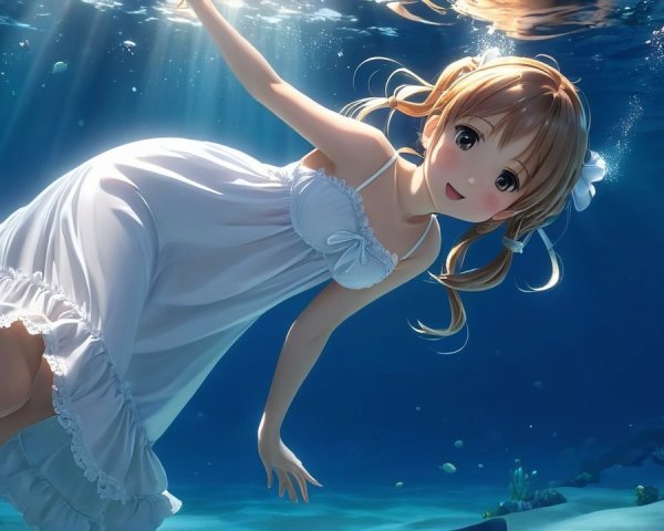 Young girl in white dress floating underwater with joy