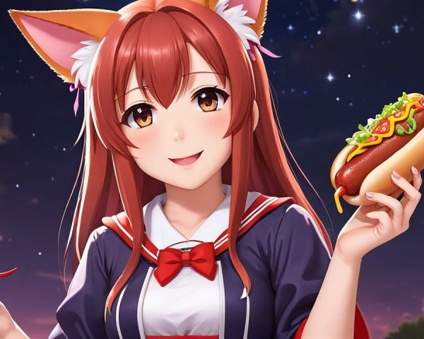 Cheerful Character in Japanese School Uniform with Hot Dog