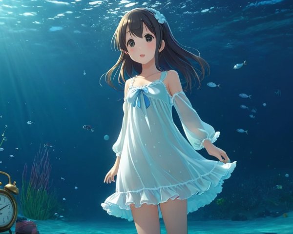 Underwater Scene with Girl in White Dress and Fish