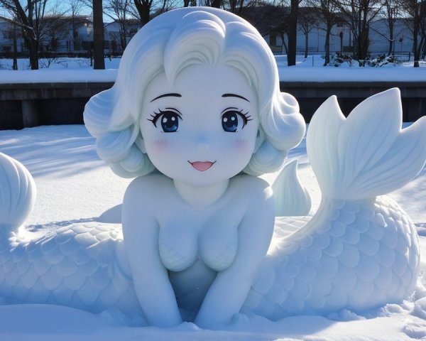 Whimsical Snow Sculpture of a Mermaid in Winter Landscape