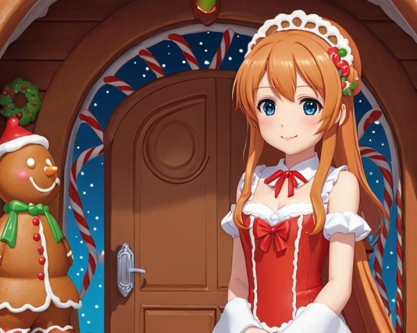 Cheerful Girl at Whimsical Gingerbread House Entrance