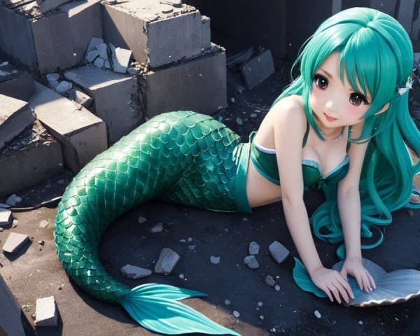 Anime-Style Mermaid on Weathered Stones by Water