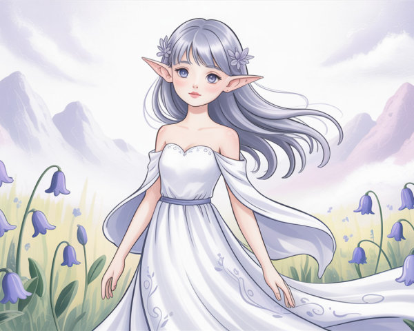 Anime Elf Girl in Bluebell Field with Mountains