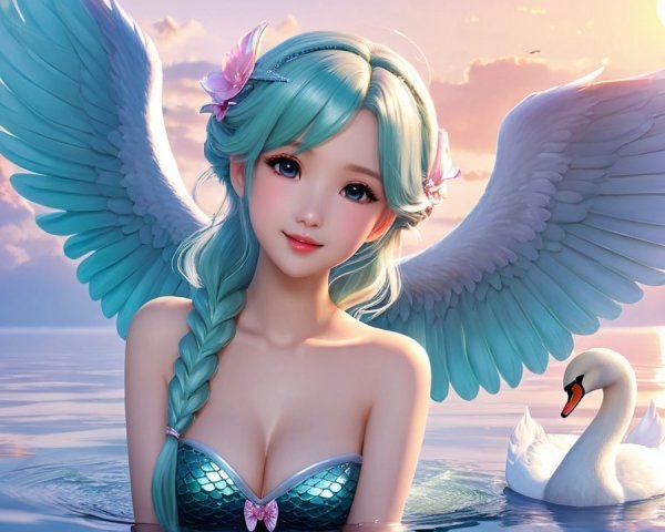 Mermaid in Serene Fantasy Scene with Swan and Sailboat