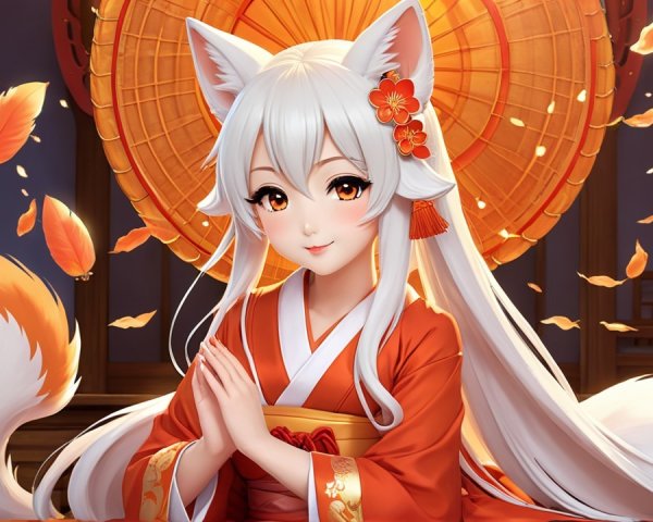 Serene fox-girl in elegant orange kimono with lantern