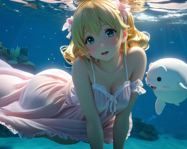 Whimsical Underwater Scene with Blonde Character and Seal