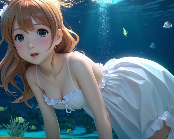Anime Illustration of a Girl Underwater in a Dress