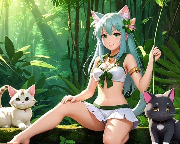 Young Woman with Cat Ears in Lush Jungle Setting
