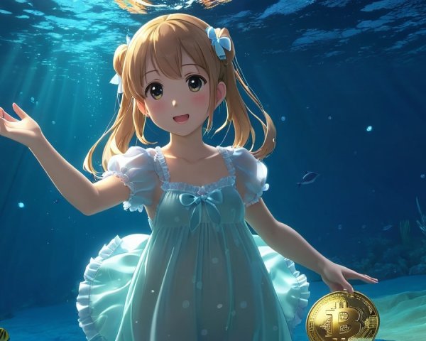 Young girl underwater with Bitcoin and colorful fish