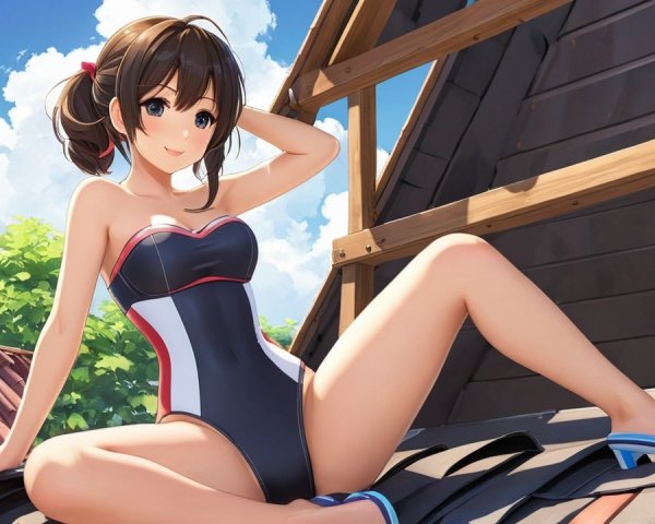 Young woman in stylish swimsuit on rooftop with clouds