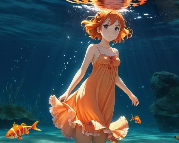 Young girl swimming underwater in vibrant orange dress