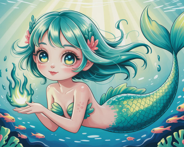 Anime-style illustration of a teal-haired mermaid underwater