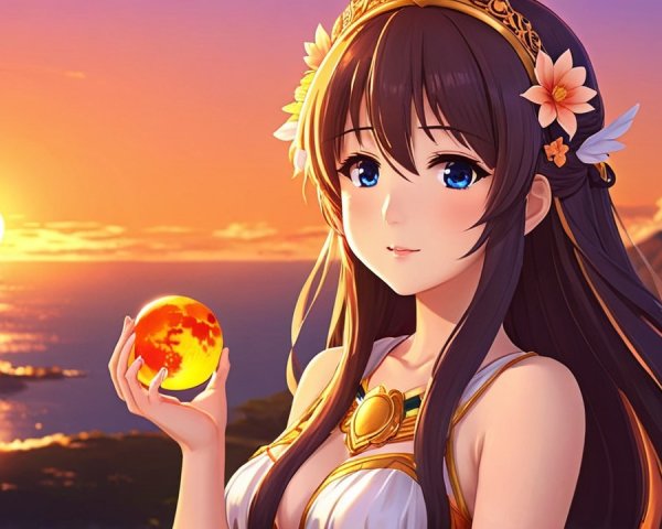Serene sunset scene with young woman and glowing orb