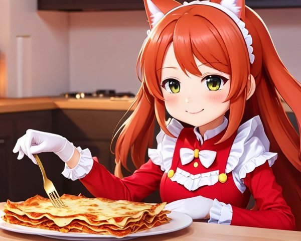 Young girl with red hair and lasagna in cozy kitchen