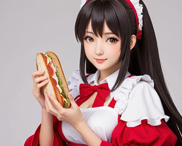 Young Woman in Maid Outfit with Large Sandwich