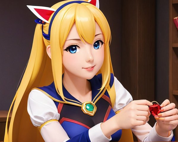 Cheerful anime character with blonde hair and blue eyes