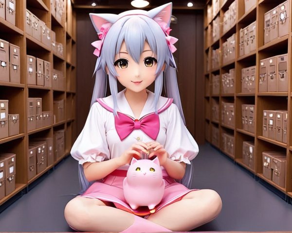 Cheerful anime character in cozy library setting