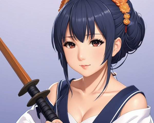 Character with Blue Hair and Katana in Traditional Outfit