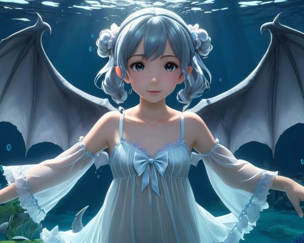Underwater Scene of a Girl with Bat-like Wings