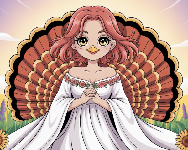 Anime-Style Female Turkey in Flower Field Scene