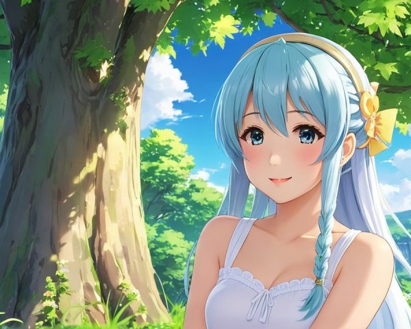 Young girl with blue hair under a leafy tree
