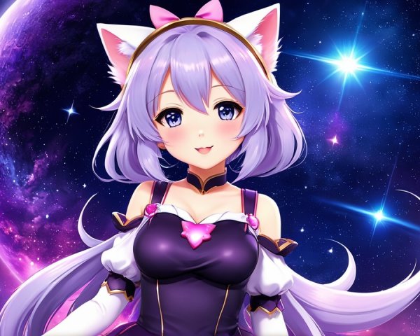 Anime Character with Lavender Hair and Cosmic Background