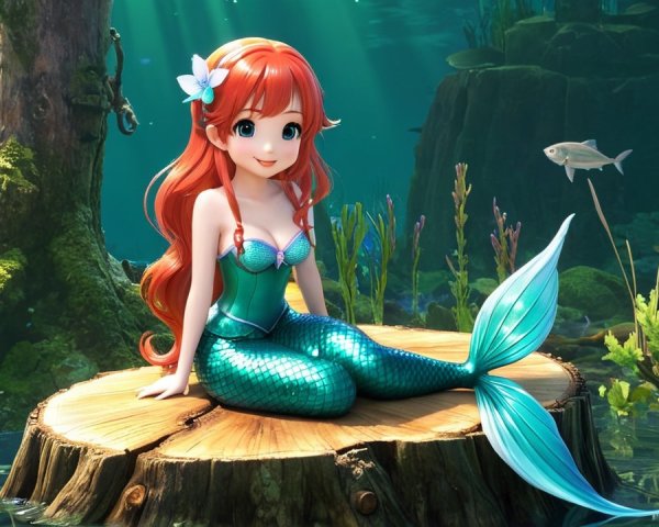 Vibrant Underwater Scene with Cheerful Mermaid