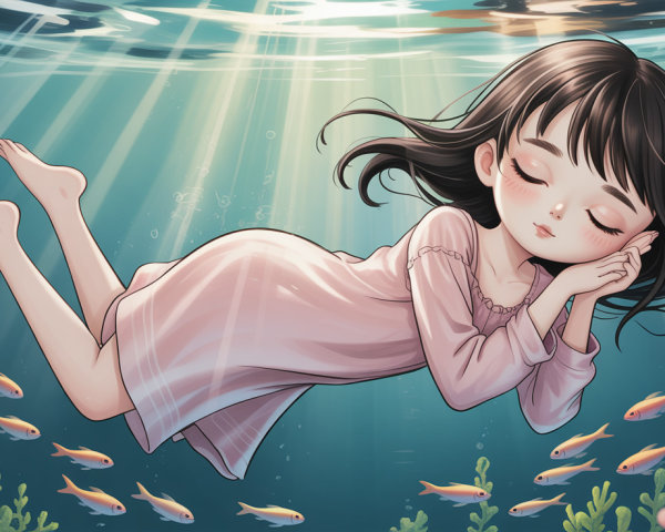 Anime illustration of a girl sleeping underwater