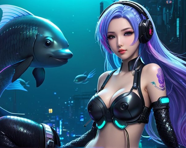 Futuristic Underwater Scene with Cybernetic Figure