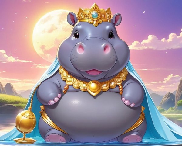 Whimsical Cartoon Hippo by Serene Water Body