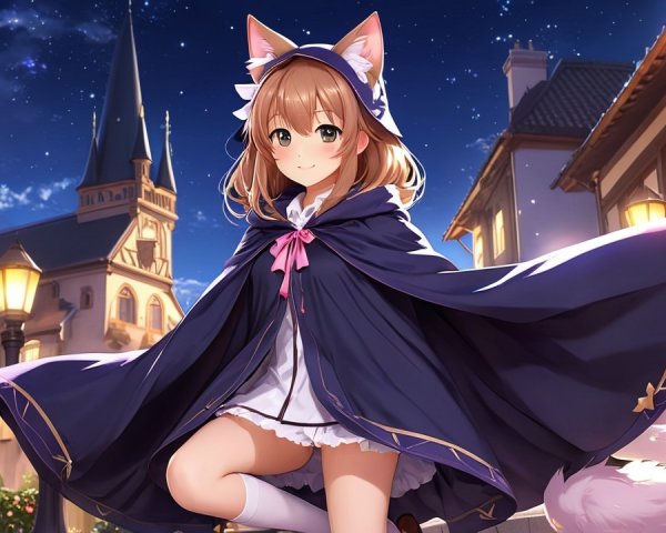 Charming Nighttime Village with Cat-Eared Character