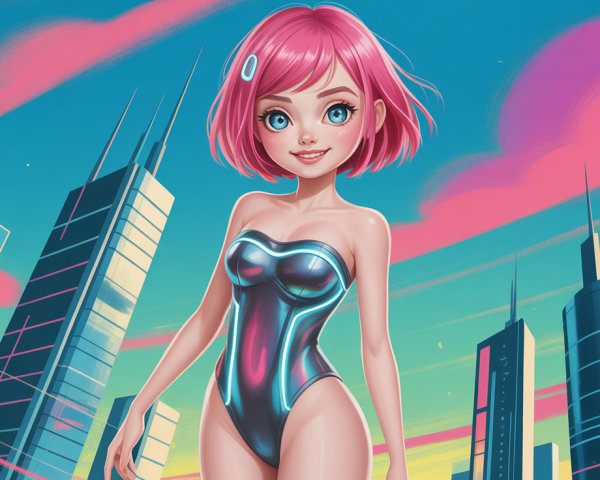 Anime girl in black swimsuit with futuristic skyline