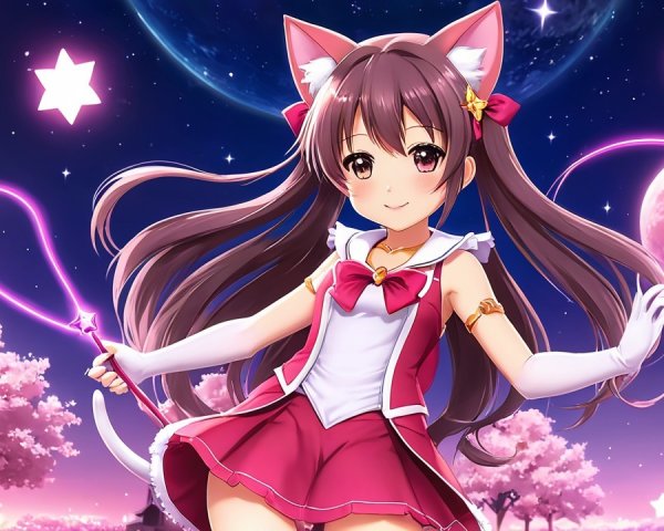 Playful Anime Character in Magical Night Scene