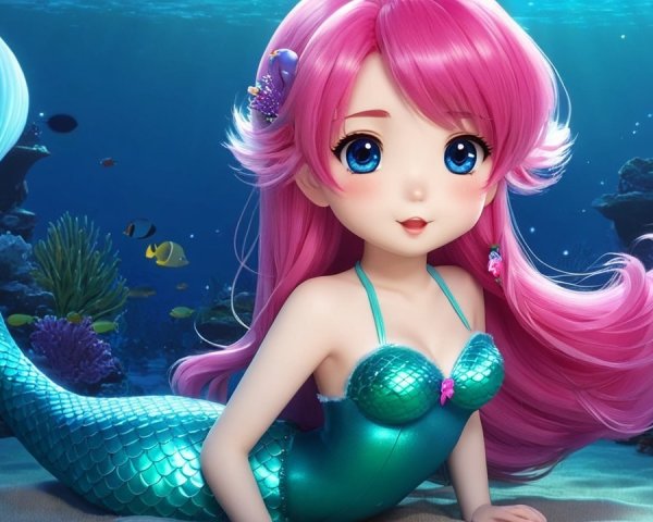 Cartoonish mermaid with pink hair in coral reef setting