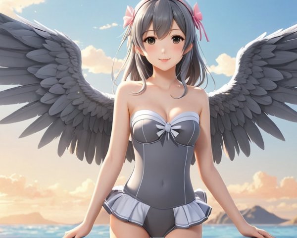Young woman with gray wings by ocean at sunset