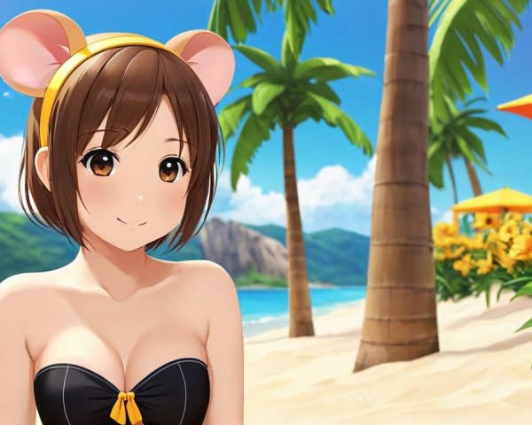 Cheerful Girl in Black Swimsuit at Vibrant Beach Scene