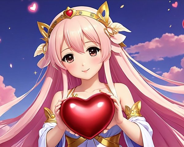 Cheerful anime girl with pink hair and hearts