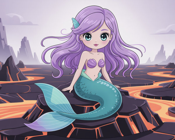 Chibi mermaid with purple hair in alien landscape