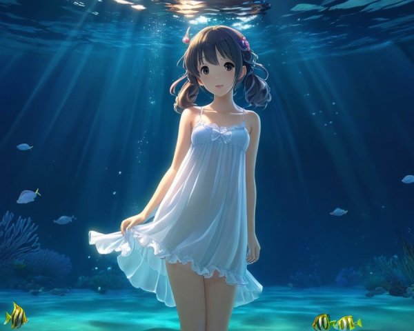 Underwater Scene with Girl in White Dress and Coral