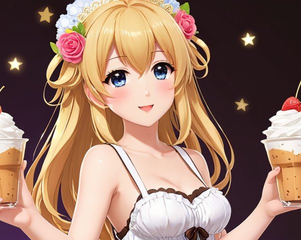 Cheerful anime girl with parfaits and starry background