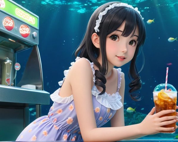 Young Woman in Floral Dress with Underwater Backdrop