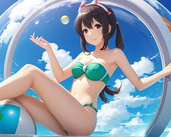 Cheerful anime girl in a dome with beach elements