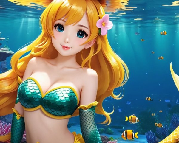 Vibrant Underwater Scene with Mermaid and Coral Reefs