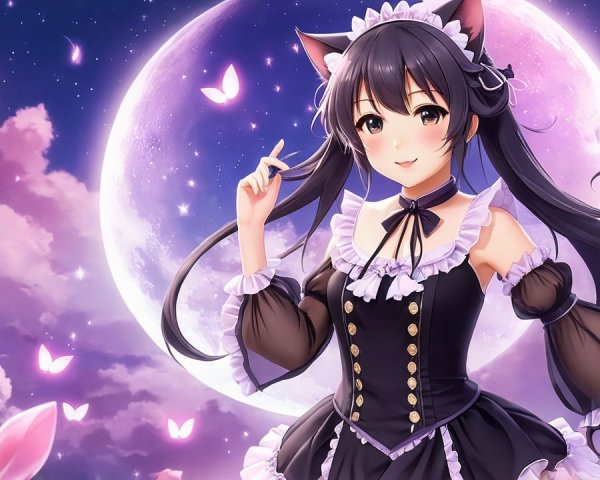 Anime Character in Maid Outfit with Cat Ears and Moon