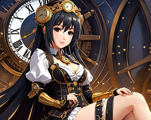 Steampunk Woman in Vintage Outfit by Large Clock